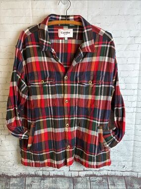 Corridor New York Casual Plaid Button-Down Shirt Pockets Blue Red Green Size XL